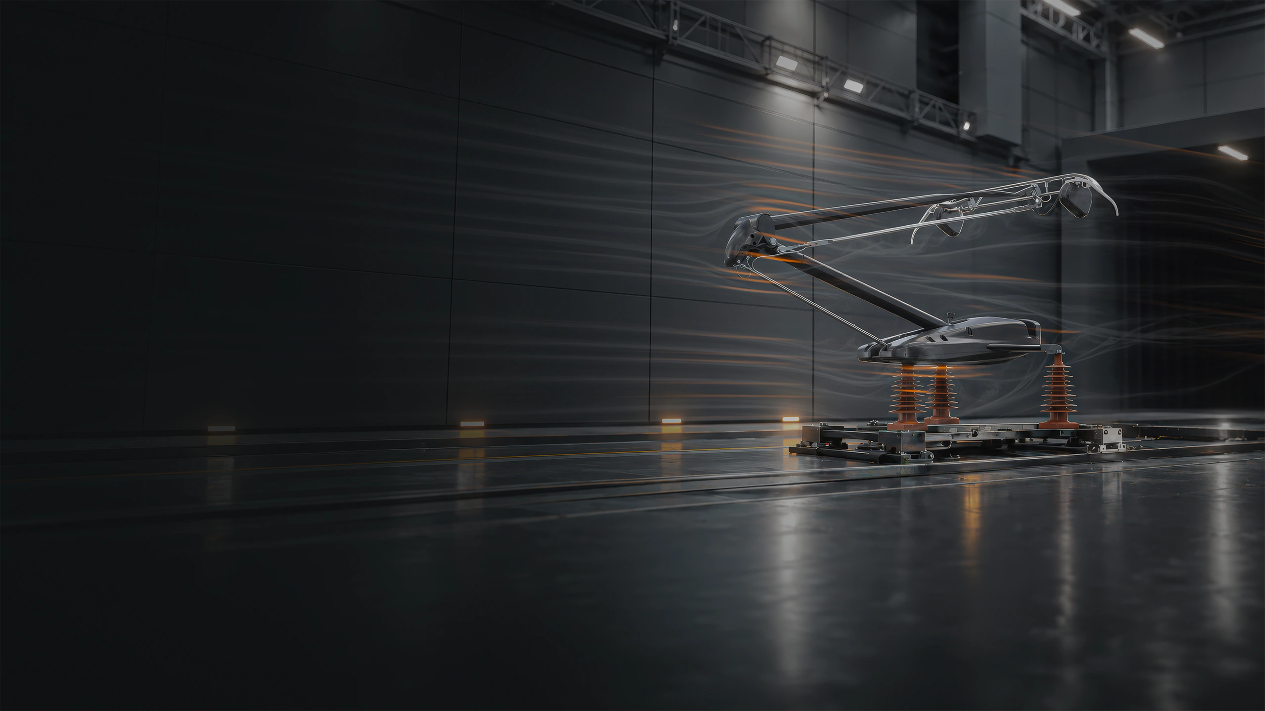 Animation 3D d'un flux d'air en soufflerie sur le pantographe CX Wabtec