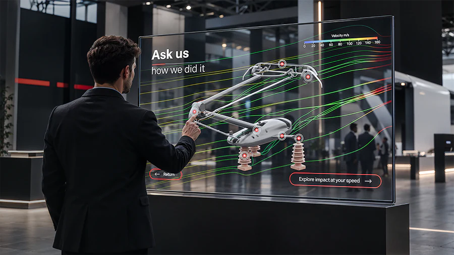 Application interactive en 3D sur écran transparent pour présenter le pantographe CX de Wabtec lors du salon Innotrans